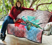 Hawaii Map Kanaka Sea Turtle Hibiscus Premium Quilt - AH - Blue Pink - Polynesian Pride