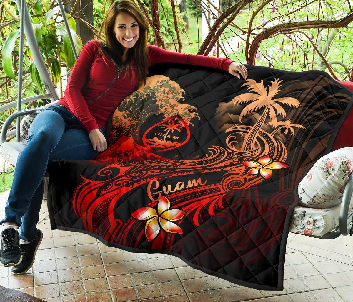 Guam Polynesian Premium Quilt - Plumeria Flowers And Waves - Polynesian Pride