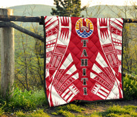 Tahiti Premium Quilt - Tahiti Flag Polynesian White Tattoo (Red) - Polynesian Pride