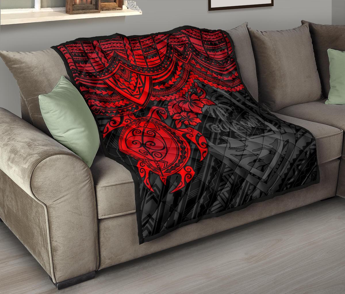 Guam Polynesian Premium Quilt - Guam Coat Of Arms & Red Turtle Hibiscus RED - Polynesian Pride