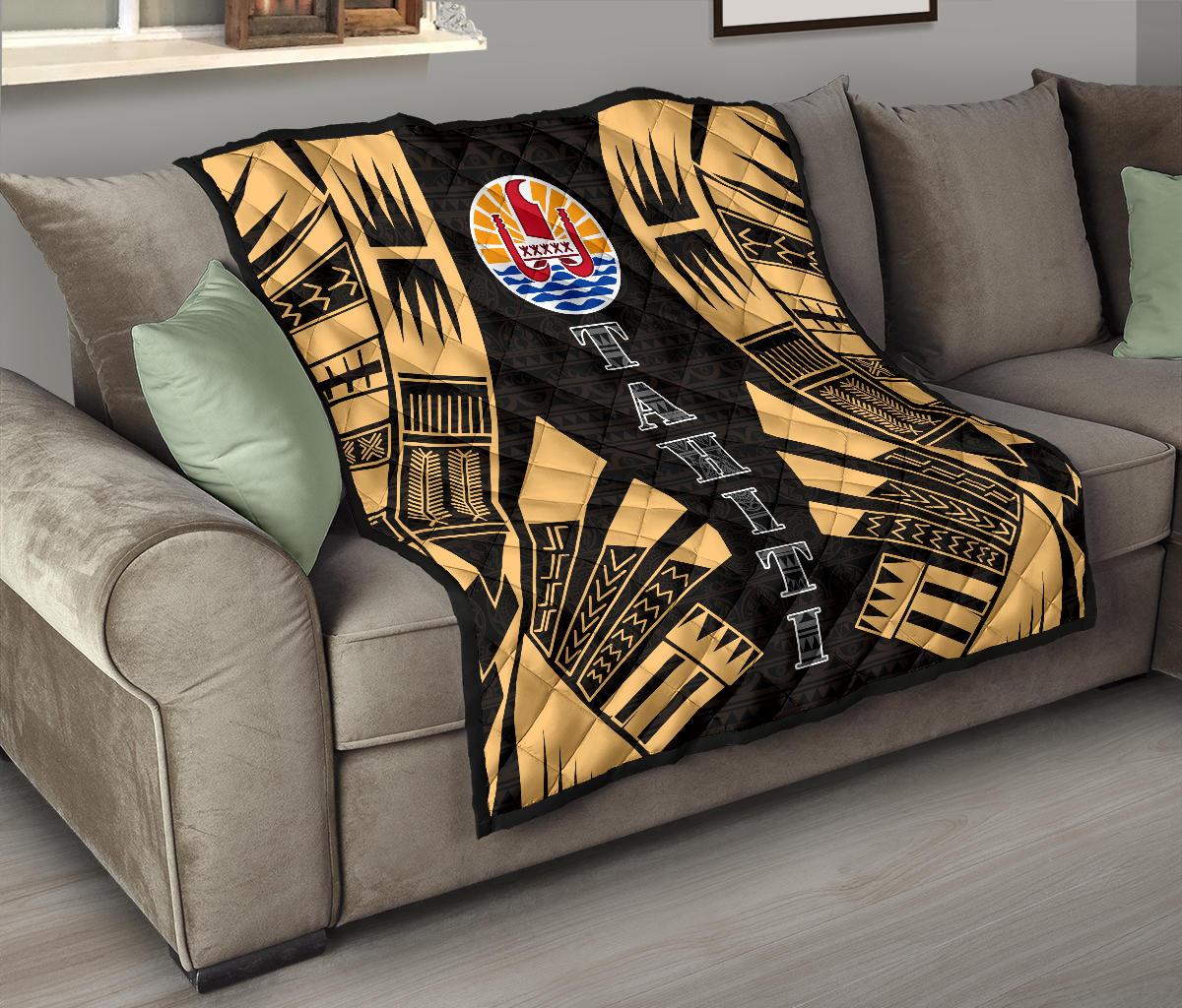 Tahiti Premium Quilt - Tahiti Flag Polynesian Gold Tattoo - Polynesian Pride