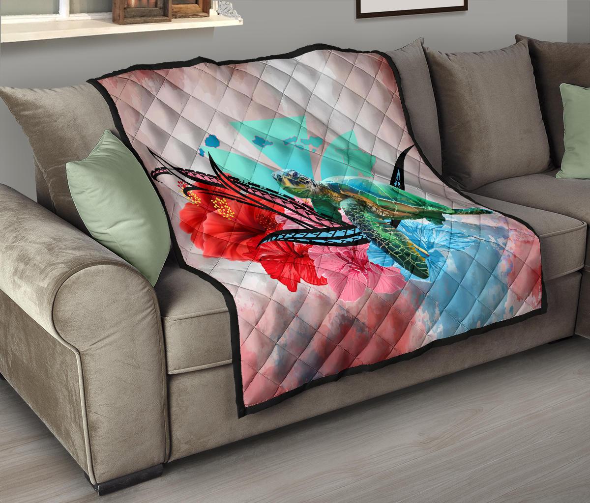 Hawaii Map Kanaka Sea Turtle Hibiscus Premium Quilt - AH - Blue Pink - Polynesian Pride