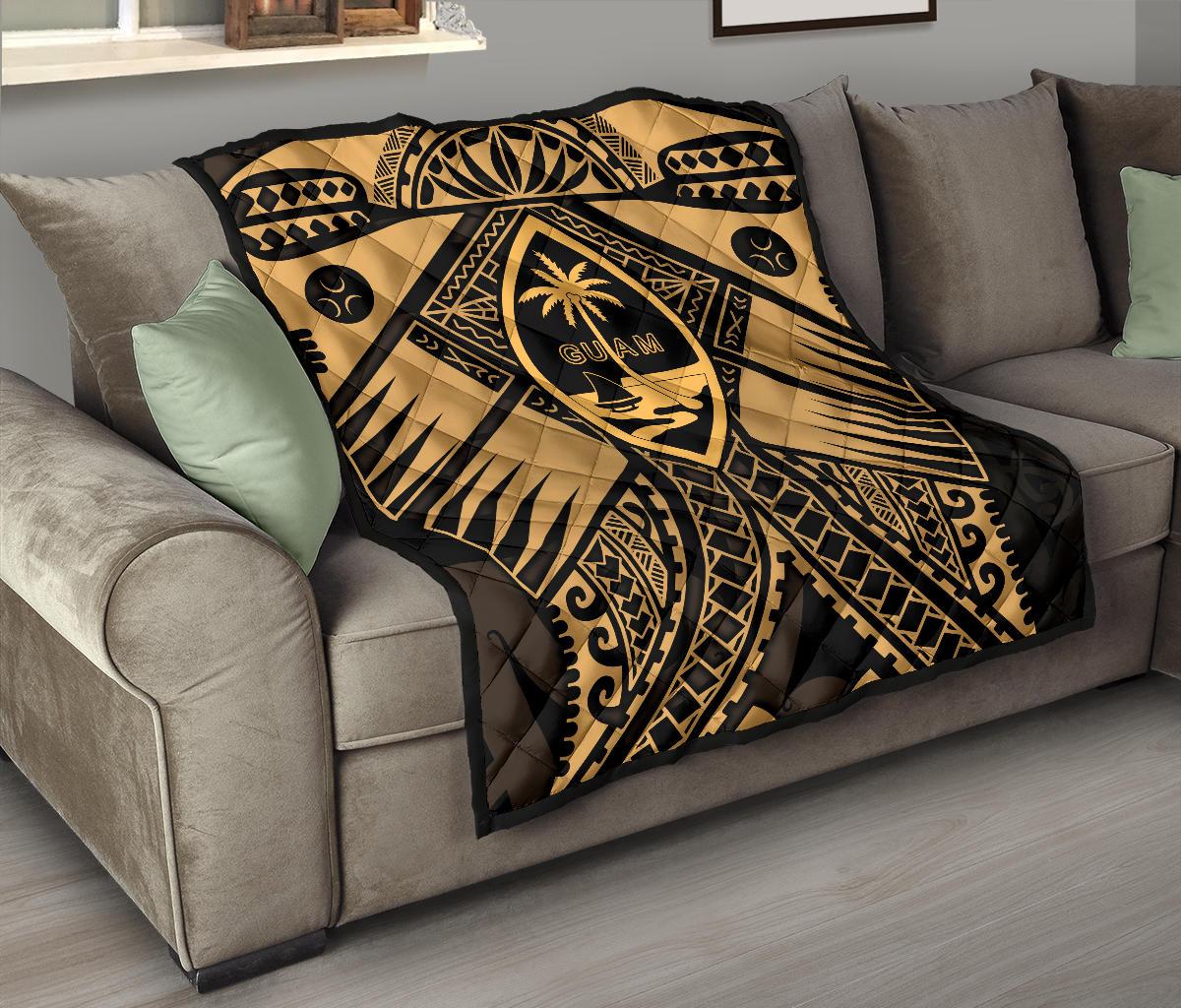 Guam Polynesian Premium Quilt - Guam Gold Seal with Polynesian Tattoo - Polynesian Pride