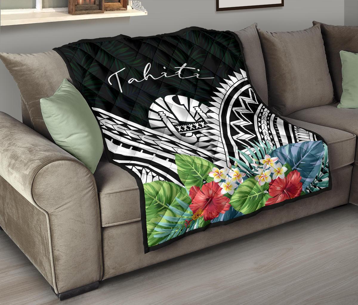 Tahiti Premium Quilt - Tahiti Coat of Arms & Polynesian Tropical Flowers White - Polynesian Pride