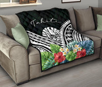 Tahiti Premium Quilt - Tahiti Coat of Arms & Polynesian Tropical Flowers White - Polynesian Pride