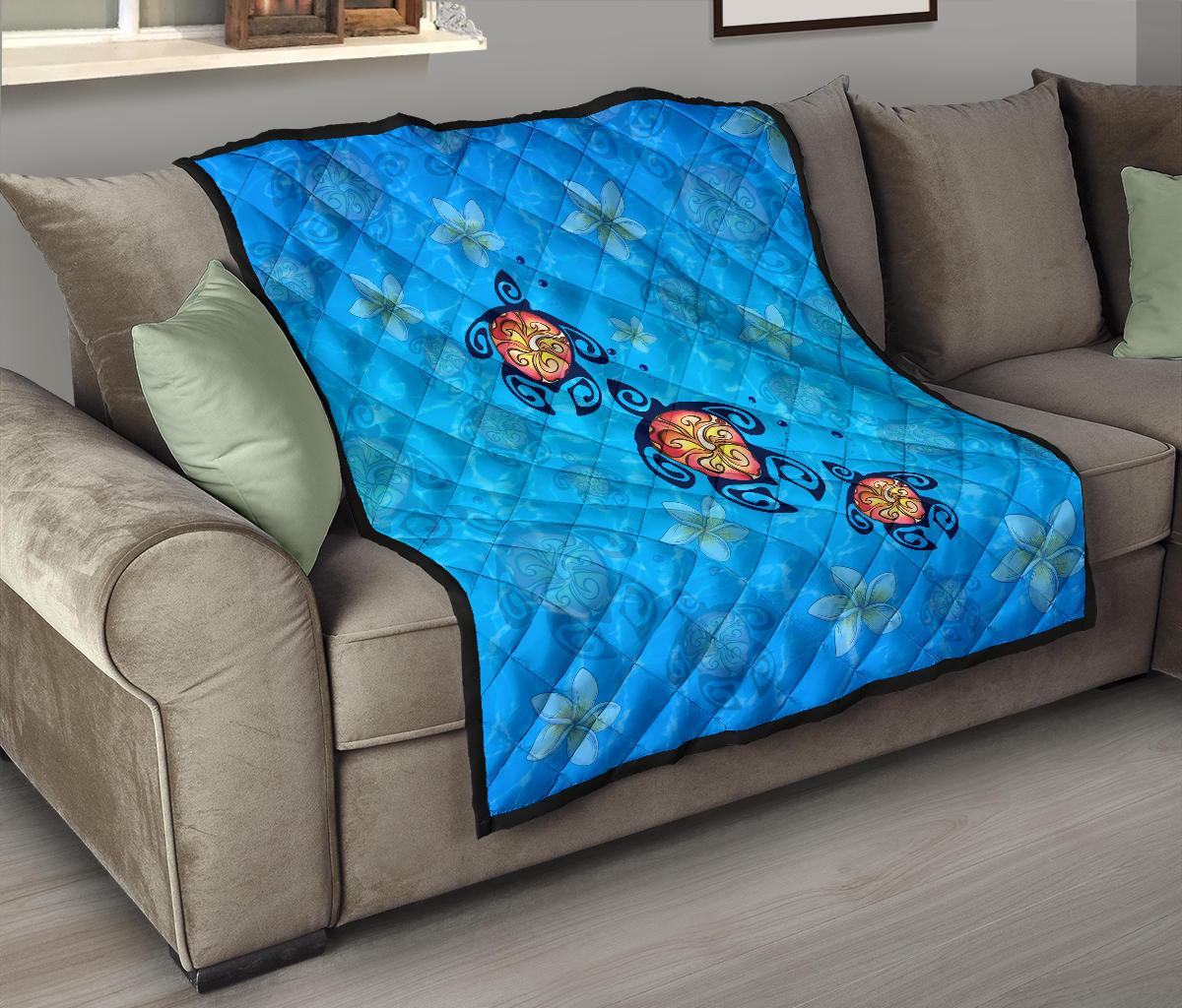 Hawaii Plumeria Turtle In The Ocean Premium Quilt - AH - John Style - Polynesian Pride