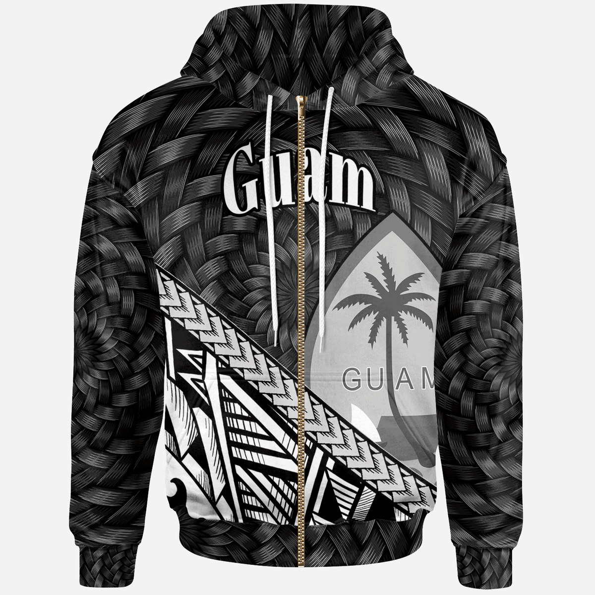 Guam Zip Hoodie Black Tapa Patterns With Bamboo Unisex Black - Polynesian Pride