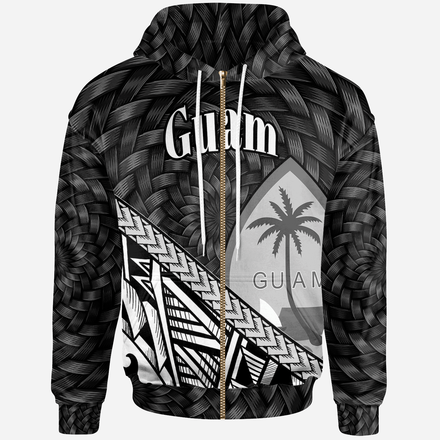 Guam Zip Hoodie Black Tapa Patterns With Bamboo Unisex Black - Polynesian Pride