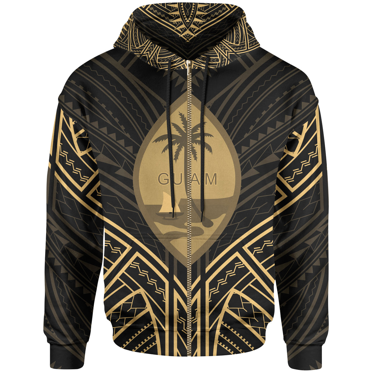 Guam Zip Hoodie Guam Seal Gold Tribal Patterns Unisex White - Polynesian Pride