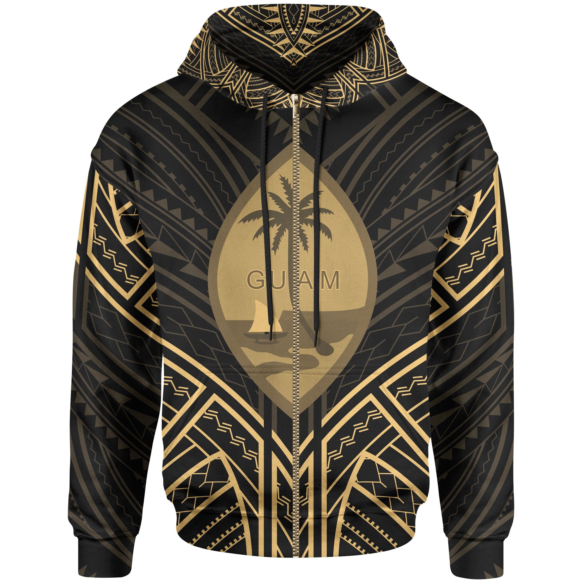Guam Zip Hoodie Guam Seal Gold Tribal Patterns Unisex White - Polynesian Pride