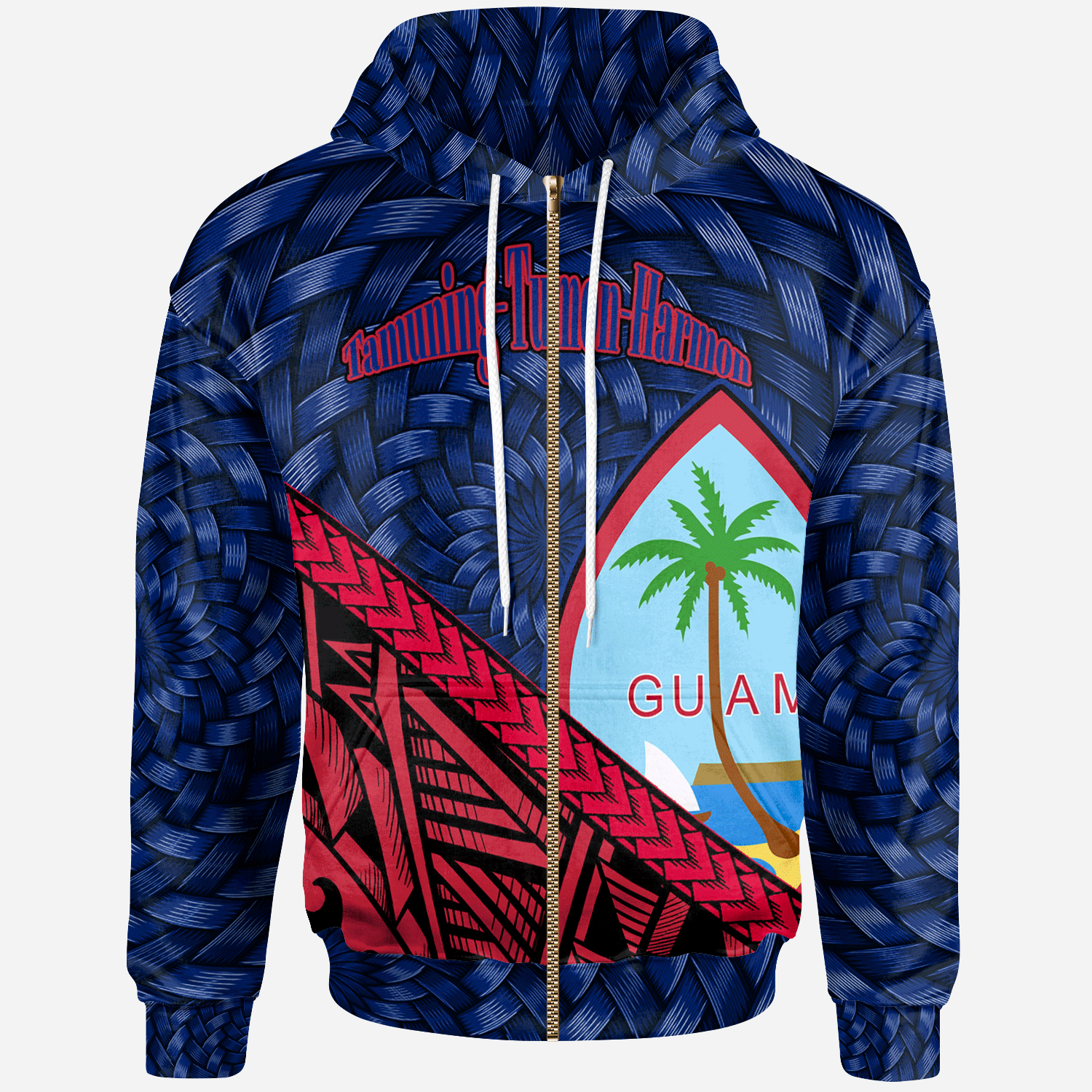 Guam Zip Hoodie Tamuning Tumon Harmon Tapa Patterns With Bamboo Unisex Blue - Polynesian Pride