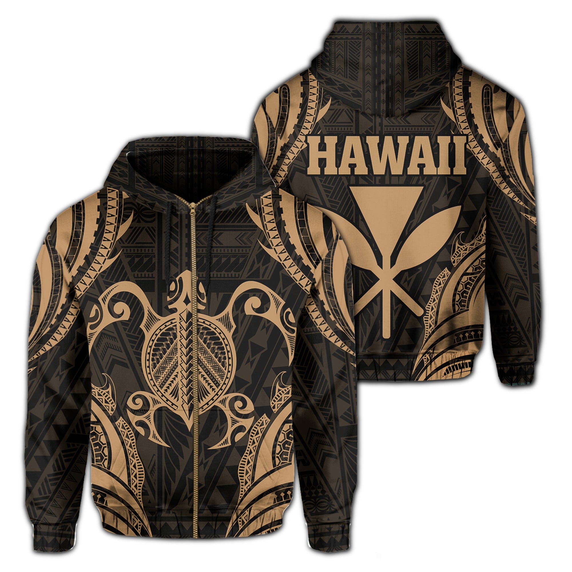 Polynesian Turtle Kanaka Maoli Hawaii Zip Hoodie Gold Unisex Gold - Polynesian Pride