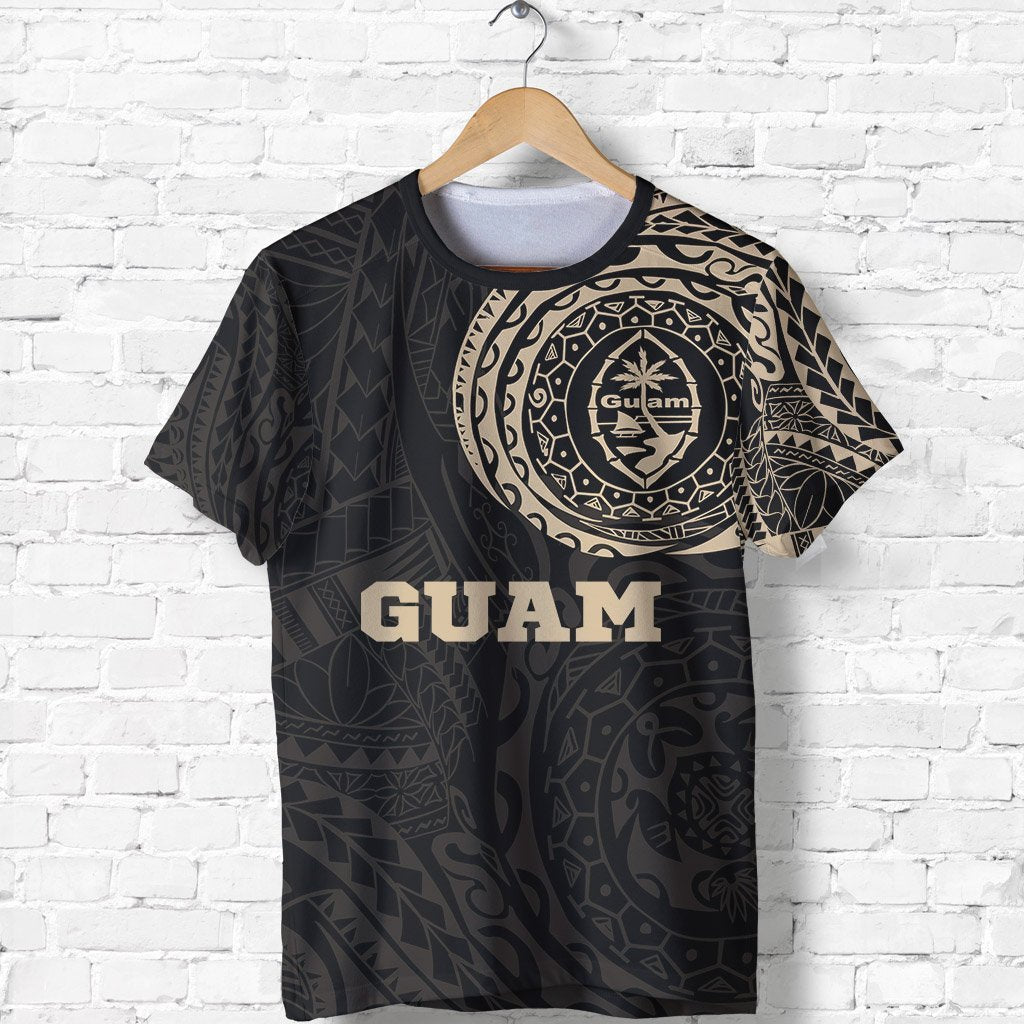 Guam T Shirt Guam Coat of Arms Polynesian Tattoo Style Unisex Black-Gold - Polynesian Pride