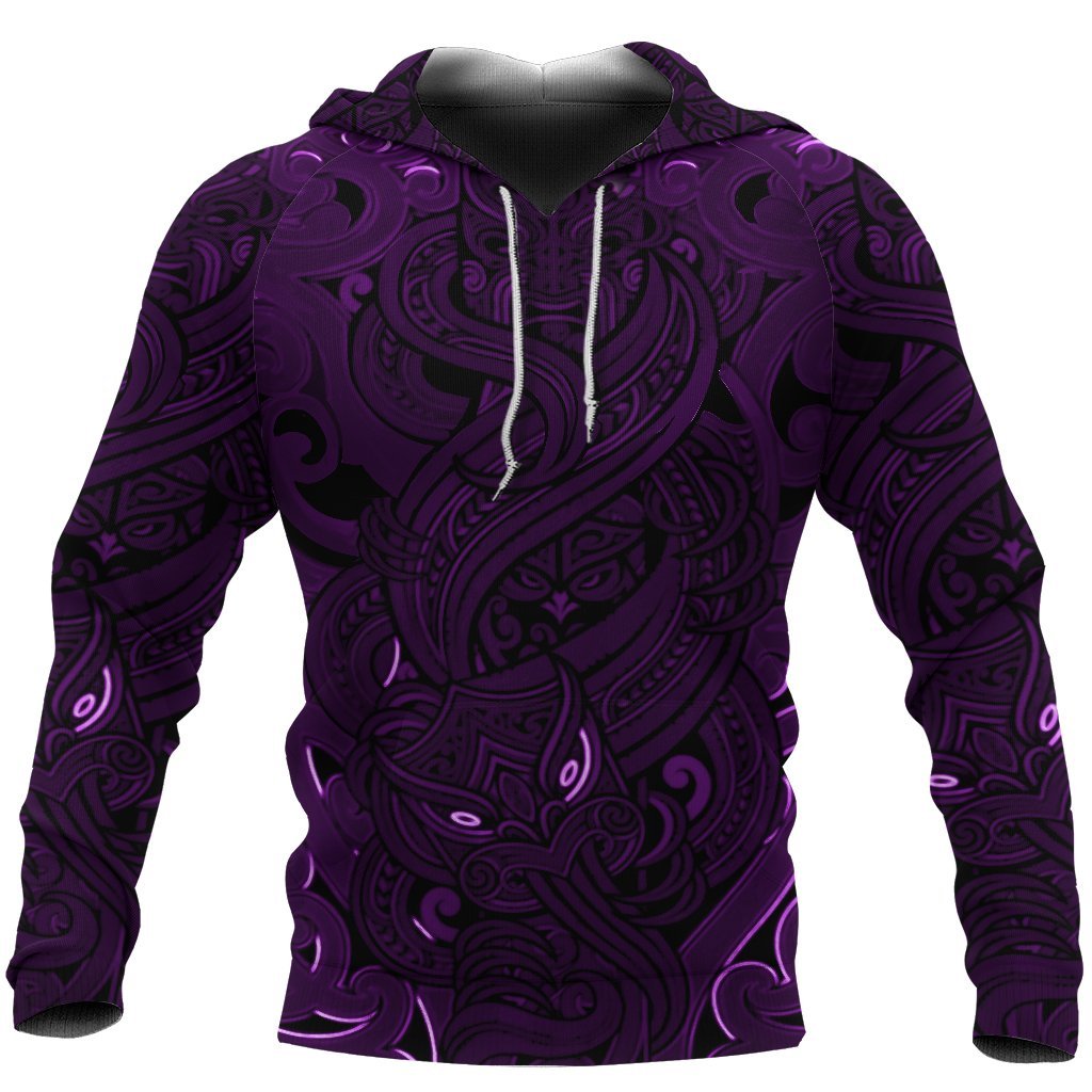 New Zealand Hoodie, Maori Gods Pullover Hoodie, Tumatauenga (God of War) Purple Black - Polynesian Pride