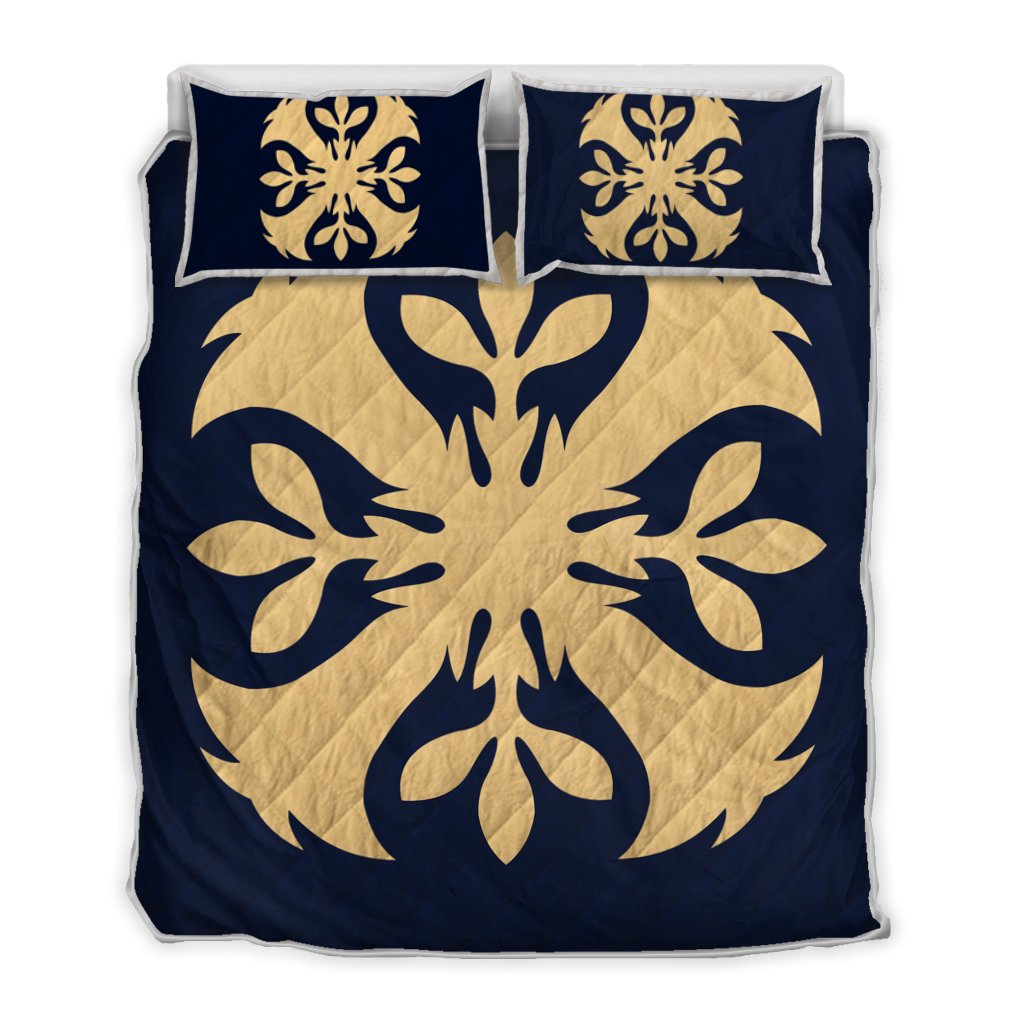 Hawaiian Royal Pattern Quilt Bed Set - Indigo - F3 Style - AH Indigo - Polynesian Pride