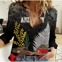 ANZAC DAY Women Casual Shirt Camo Style - Slouch Hats Mix Silver Fern Golden Wattle LT7 Female Black - Polynesian Pride