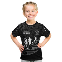 Personalised New Zealand Football Ferns Kid T Shirt Women's World Cup 2023 Tribal Koru Pattern LT7 Youth XL Size14 - Polynesian Pride