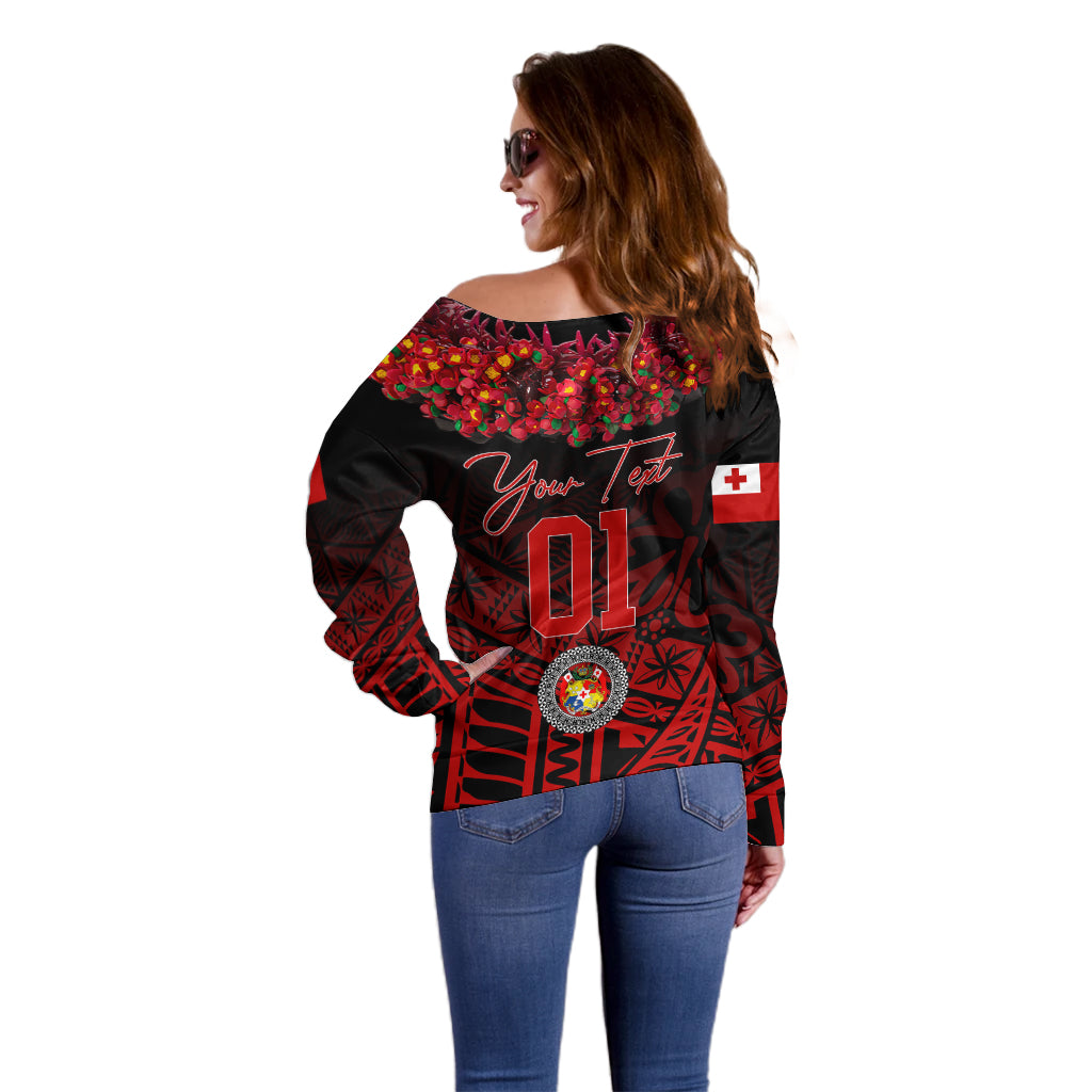 (Custom Personalised) Tonga Emancipation Day Off Shoulder Sweater Independence Day - Kupesi Kahoa Heilala Flower - Black LT8 - Polynesian Pride