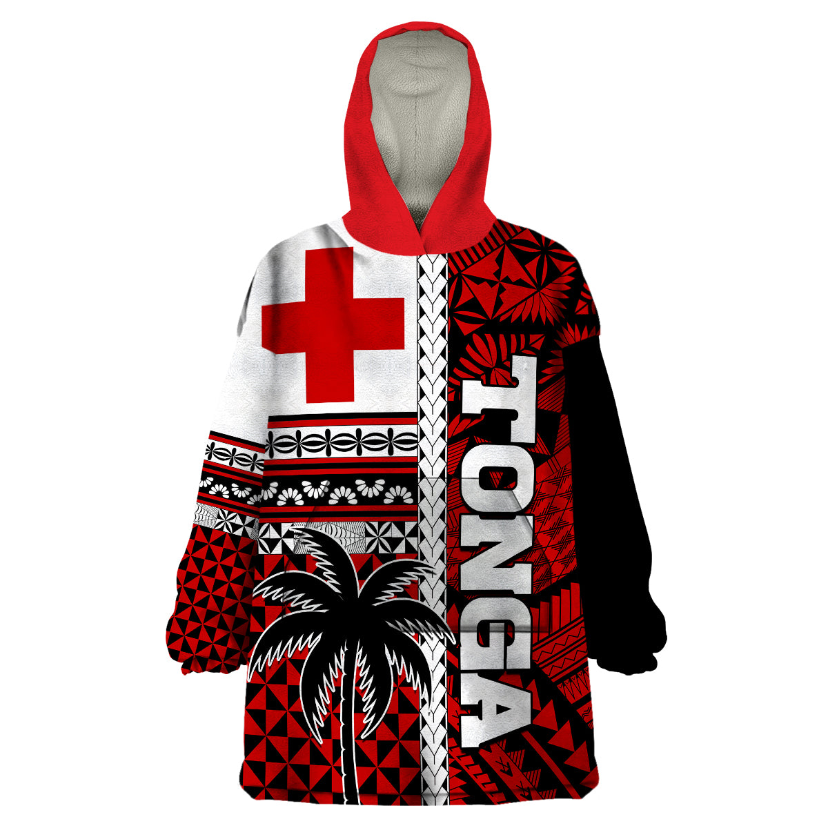 Tonga Kupesi Ngatu Wearable Blanket Hoodie - Proud Tonga Flag and Palm Tree LT9 Unisex One Size - Polynesian Pride