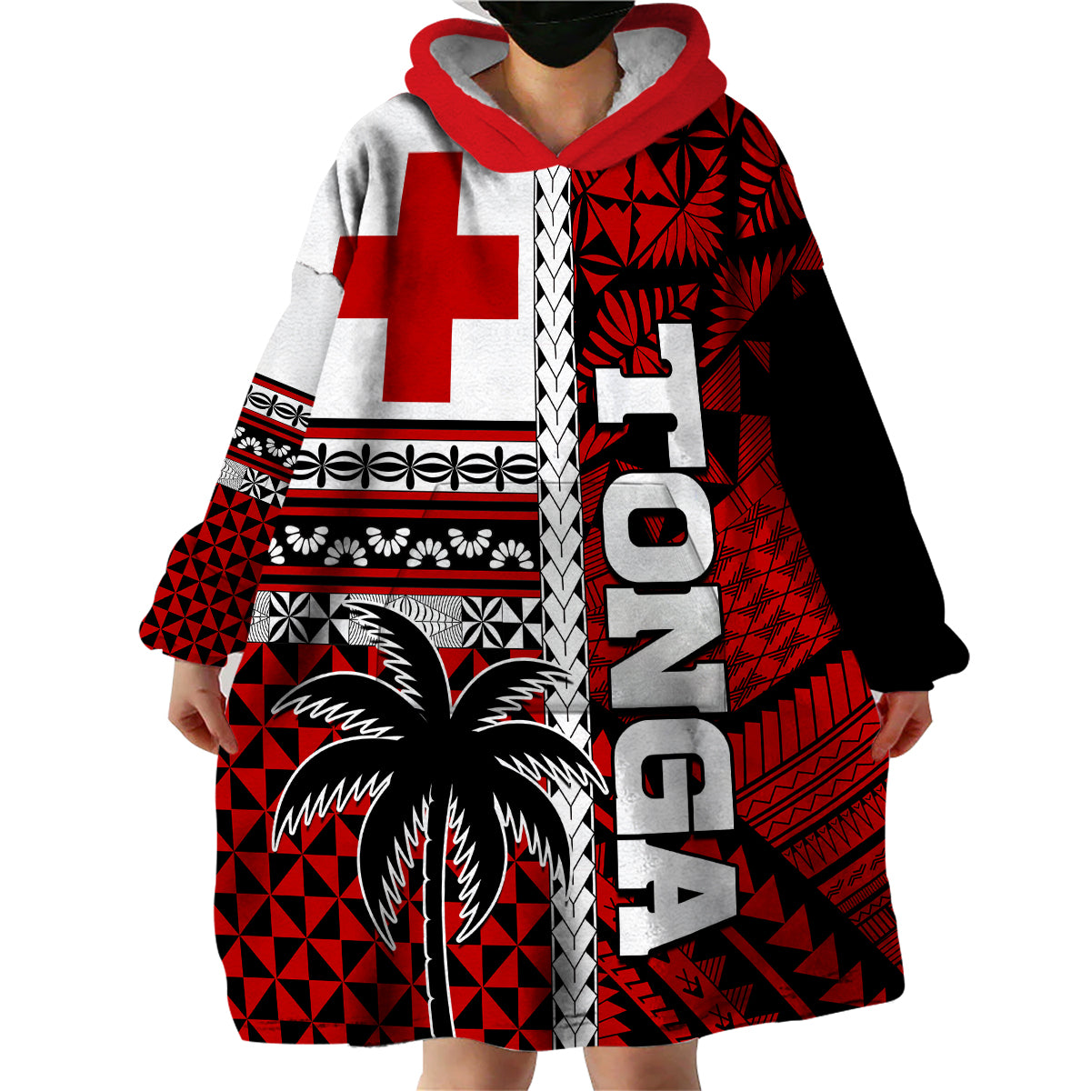 Tonga Kupesi Ngatu Wearable Blanket Hoodie - Proud Tonga Flag and Palm Tree LT9 - Polynesian Pride