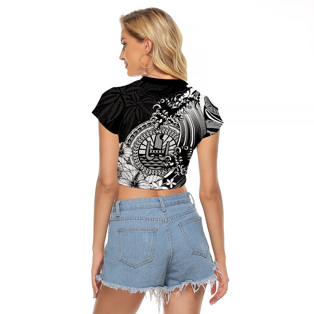 Polynesian Tahiti Island Raglan Cropped T Shirt The Wave of Water - Black LT9 - Polynesian Pride
