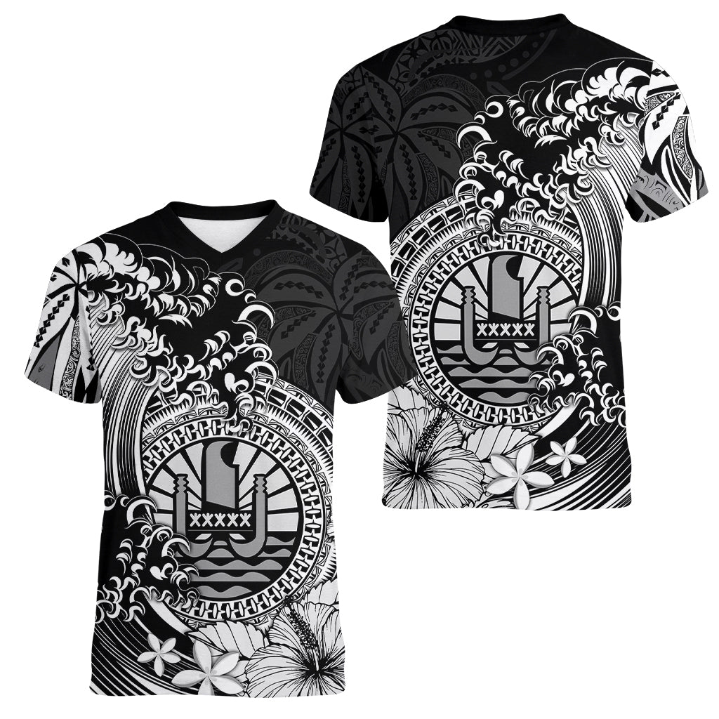 Polynesian Tahiti Island Women V Neck T Shirt The Wave of Water - Black LT9 Female Black - Polynesian Pride