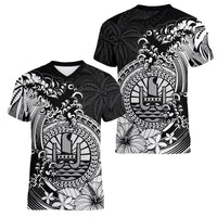 Polynesian Tahiti Island Women V Neck T Shirt The Wave of Water - Black LT9 Female Black - Polynesian Pride