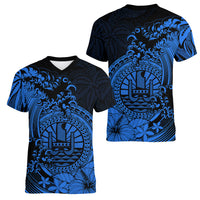 Polynesian Tahiti Island Women V Neck T Shirt The Wave of Water - Blue LT9 Female Blue - Polynesian Pride