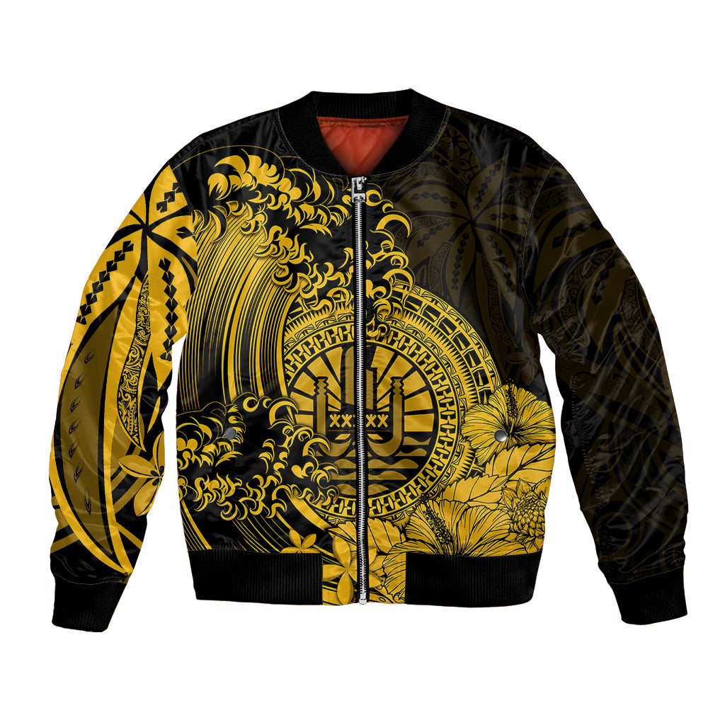 Polynesian Tahiti Island Bomber Jacket The Wave of Water - Gold LT9 Unisex Gold - Polynesian Pride