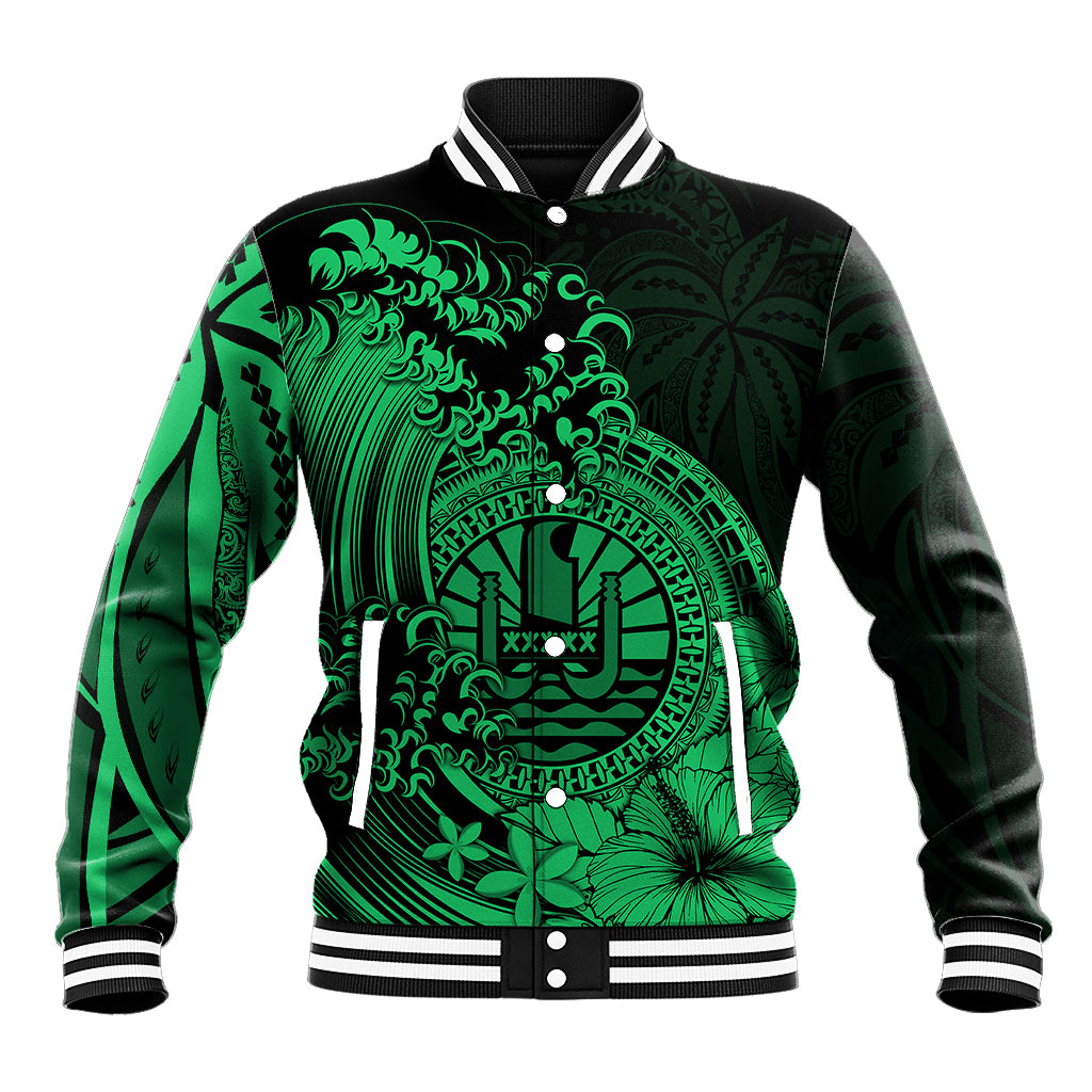 Polynesian Tahiti Island Baseball Jacket The Wave of Water - Green LT9 Unisex Green - Polynesian Pride