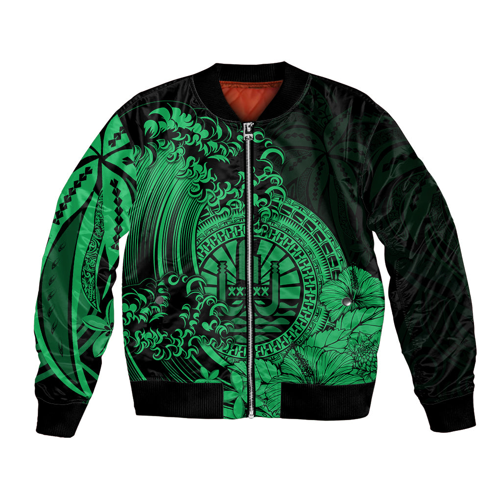 Polynesian Tahiti Island Bomber Jacket The Wave of Water - Green LT9 Unisex Green - Polynesian Pride