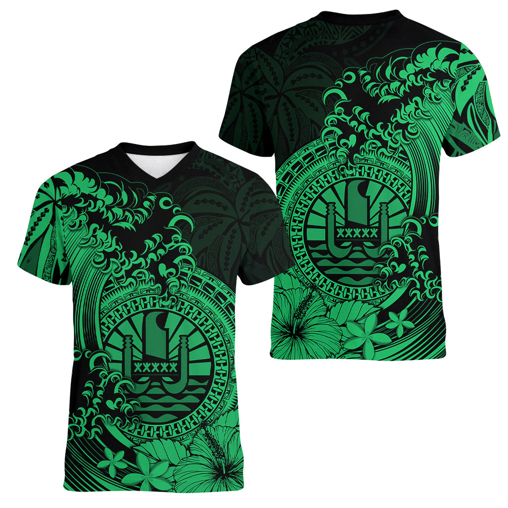 Polynesian Tahiti Island Women V Neck T Shirt The Wave of Water - Green LT9 Female Green - Polynesian Pride