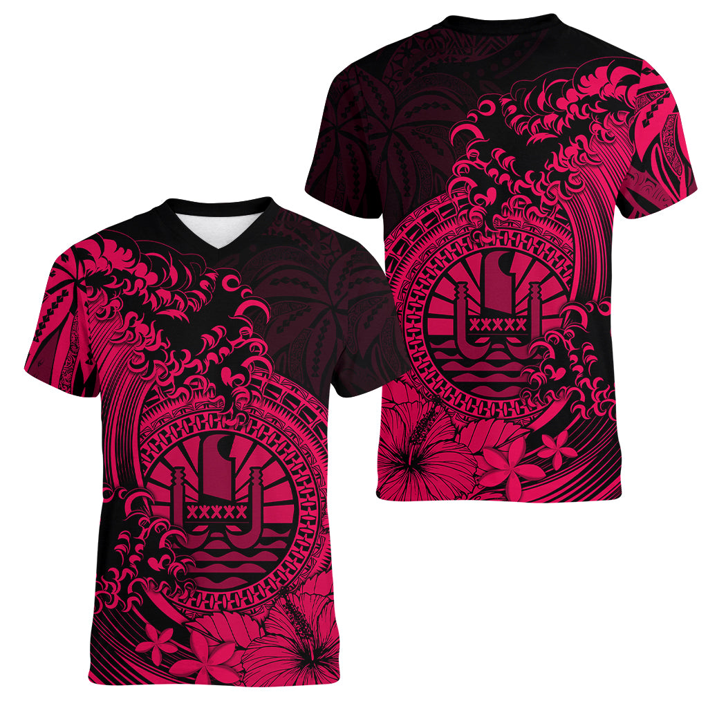 Polynesian Tahiti Island Women V Neck T Shirt The Wave of Water - Pink LT9 Female Pink - Polynesian Pride