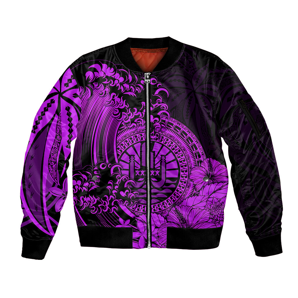 Polynesian Tahiti Island Sleeve Zip Bomber Jacket The Wave of Water - Purple LT9 Unisex Purple - Polynesian Pride