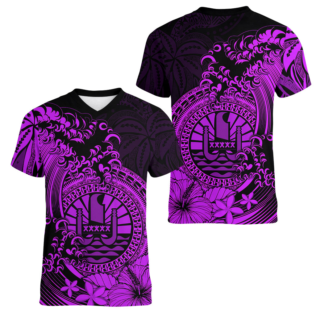 Polynesian Tahiti Island Women V Neck T Shirt The Wave of Water - Purple LT9 Female Purple - Polynesian Pride