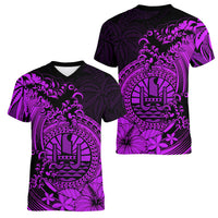 Polynesian Tahiti Island Women V Neck T Shirt The Wave of Water - Purple LT9 Female Purple - Polynesian Pride