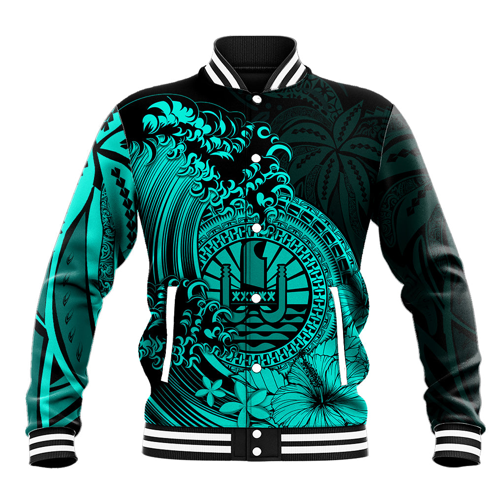Polynesian Tahiti Island Baseball Jacket The Wave of Water - Turquoise LT9 Unisex Turquoise - Polynesian Pride