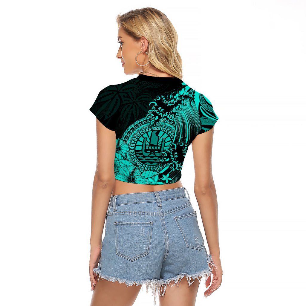 Polynesian Tahiti Island Raglan Cropped T Shirt The Wave of Water - Turquoise LT9 - Polynesian Pride