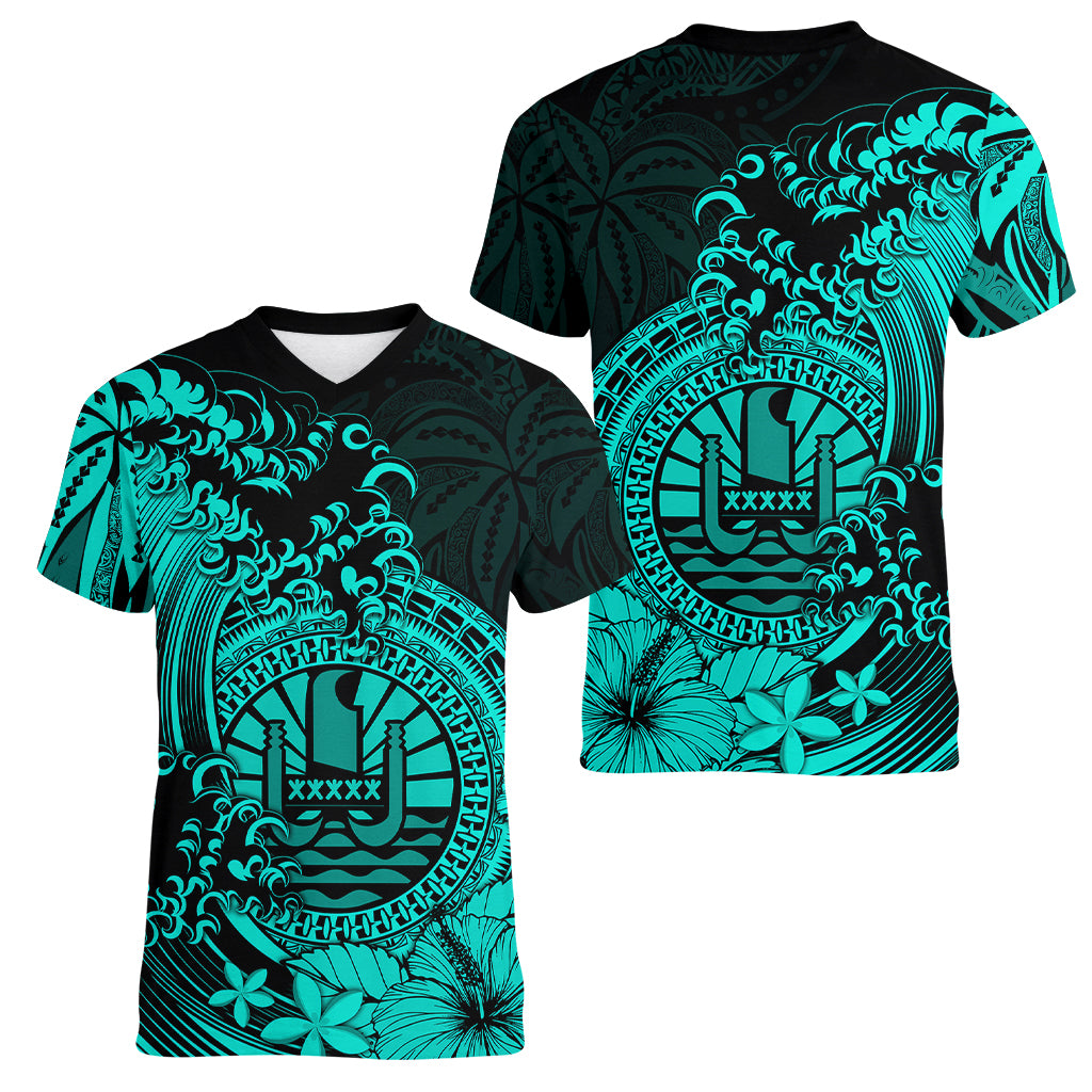 Polynesian Tahiti Island Women V Neck T Shirt The Wave of Water - Turquoise LT9 Female Turquoise - Polynesian Pride