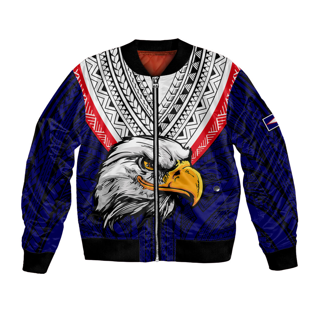 American Samoa Bomber Jacket Bald Eagle with Polynesian Pattern LT9 Unisex Blue - Polynesian Pride
