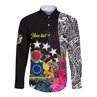(Custom Personalised) Cook Island Long Sleeve Button Shirt Tribal Polynesian and Tropical Flowers LT9 Unisex Black - Polynesian Pride