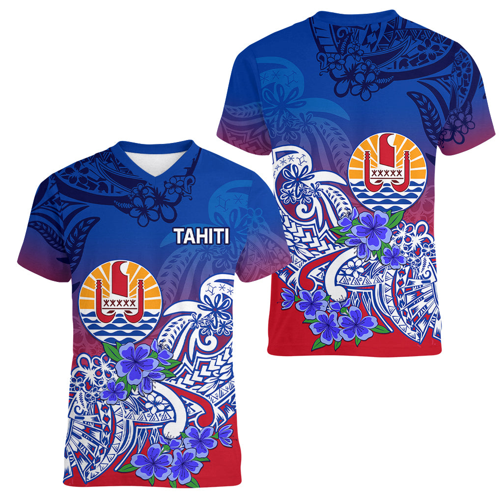 Tahiti Women V Neck T Shirt Polynesian Floral Tribal LT9 Female Blue - Polynesian Pride