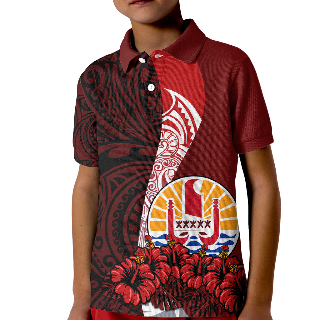 Tahiti Kid Polo Shirt Polynesian Coat Of Arm With Hibiscus LT9 Kid Red - Polynesian Pride