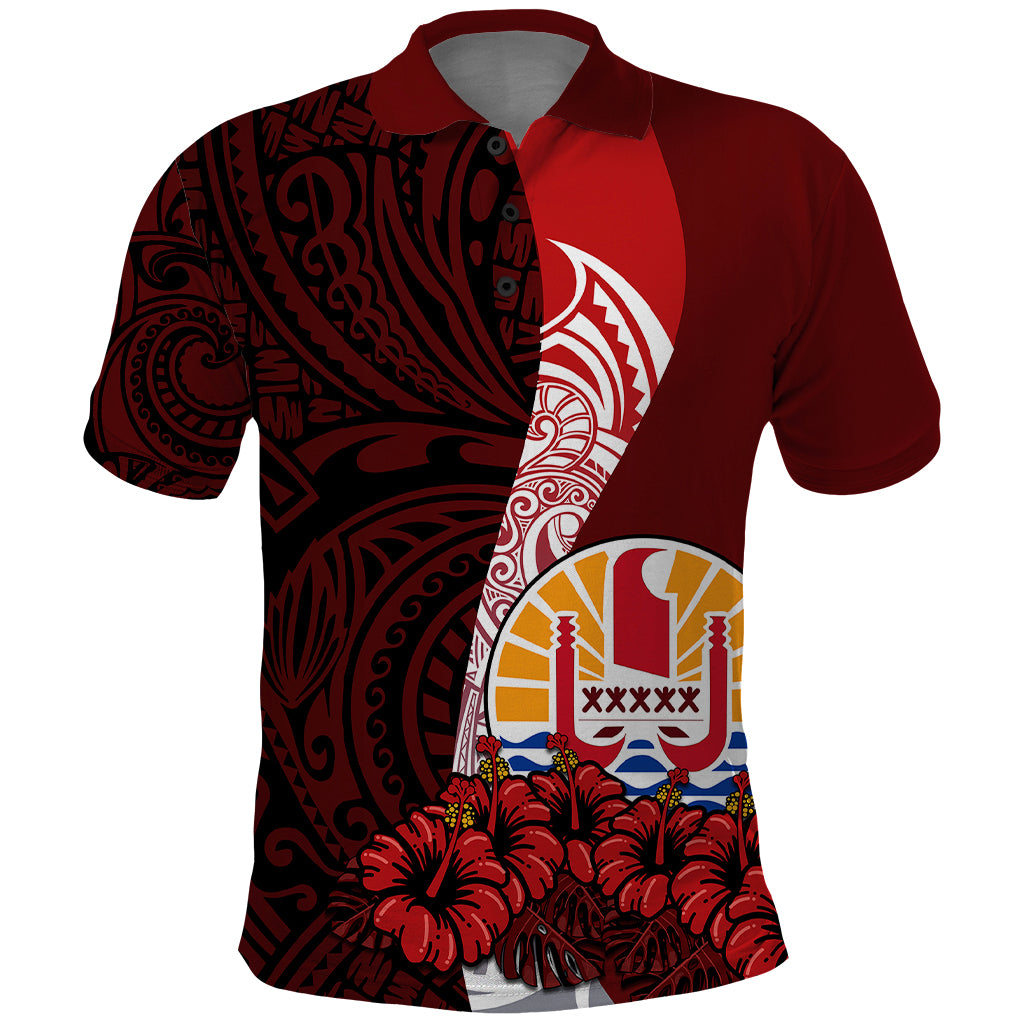 Tahiti Polo Shirt Polynesian Coat Of Arm With Hibiscus LT9 Red - Polynesian Pride