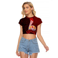 Tahiti Raglan Cropped T Shirt Polynesian Coat Of Arm With Hibiscus LT9 Female Red - Polynesian Pride