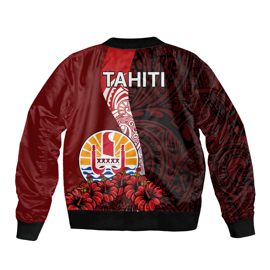 Tahiti Sleeve Zip Bomber Jacket Polynesian Coat Of Arm With Hibiscus LT9 - Polynesian Pride