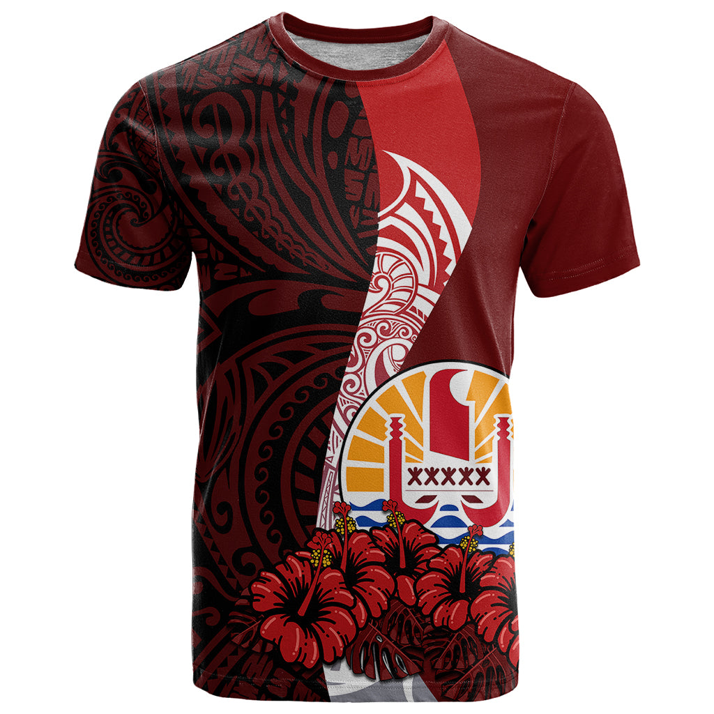 Tahiti T Shirt Polynesian Coat of Arm With Hibiscus LT9 Red - Polynesian Pride