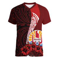 Tahiti Women V Neck T Shirt Polynesian Coat Of Arm With Hibiscus LT9 - Polynesian Pride
