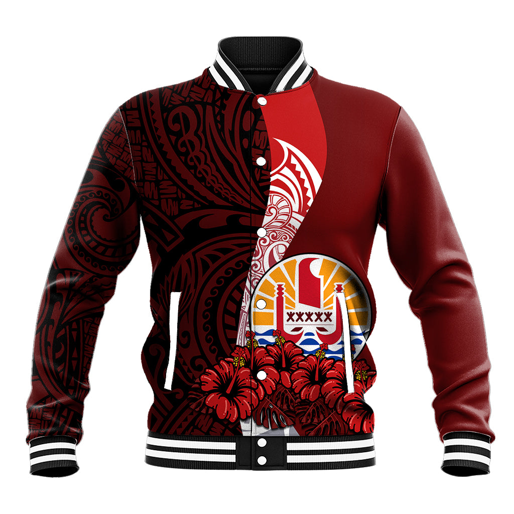 (Custom Personalised) Tahiti Baseball Jacket Polynesian Coat Of Arm With Hibiscus LT9 Unisex Red - Polynesian Pride