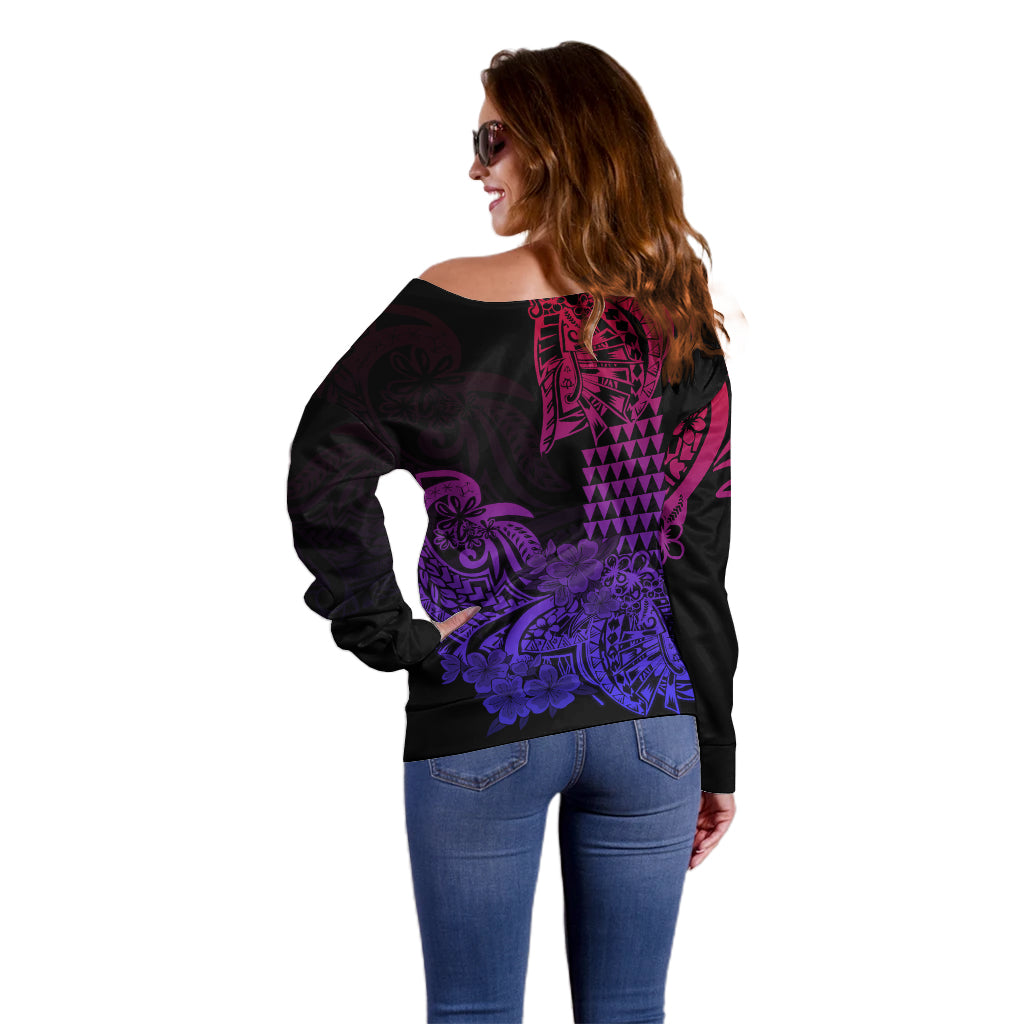 Hawaii Kakau Off Shoulder Sweater Polynesian Floral Tribal Gradient Version LT9 - Polynesian Pride